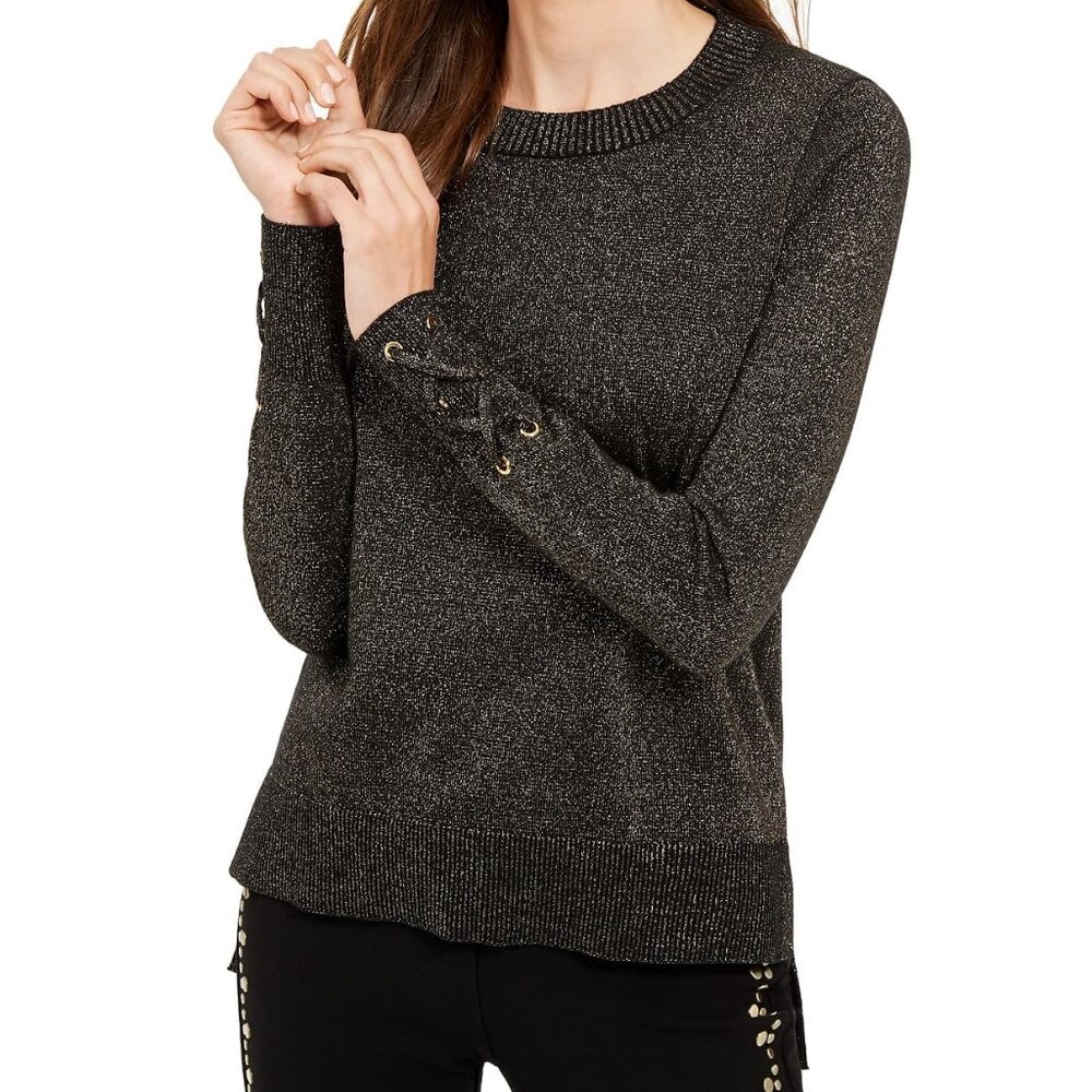 MICHAEL Michael Kors Women’s Black Silver Metallic Tie Sleeve Sweater, Size S